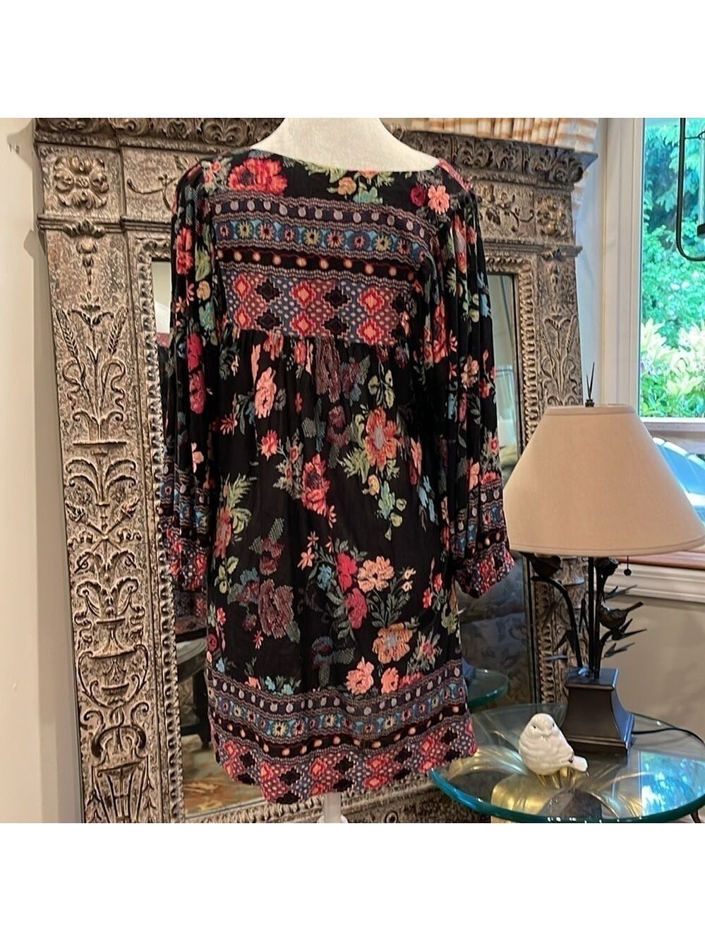 American Rag Boho Floral Peasant Tunic Top Black Long Sleeve Women’s S - Picture 4 of 6